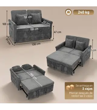 Sofá Cama 2 Plazas 3 en 1 con Respaldo Ajustable 5 Niveles Bolsillos Laterales 2 Almohadas para Sala de Estar Gris