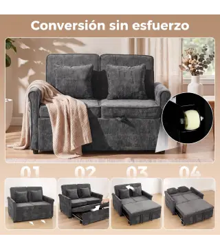 Sofá Cama 2 Plazas 3 en 1 con Respaldo Ajustable 5 Niveles Bolsillos Laterales 2 Almohadas para Sala de Estar Gris