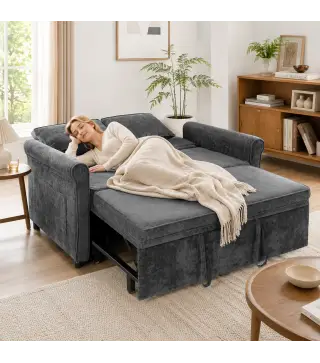 Sofá Cama 2 Plazas 3 en 1 con Respaldo Ajustable 5 Niveles Bolsillos Laterales 2 Almohadas para Sala de Estar Gris
