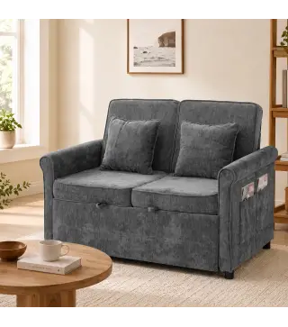 Sofá Cama 2 Plazas 3 en 1 con Respaldo Ajustable 5 Niveles Bolsillos Laterales 2 Almohadas para Sala de Estar Gris