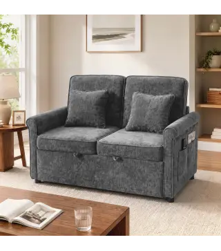 Sofá Cama 2 Plazas 3 en 1 con Respaldo Ajustable 5 Niveles Bolsillos Laterales 2 Almohadas para Sala de Estar Gris