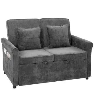 Sofá Cama 2 Plazas 3 en 1 con Respaldo Ajustable 5 Niveles Bolsillos Laterales 2 Almohadas para Sala de Estar Gris