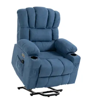 Sillón Relax Reclinable Eléctrico Levanta Personas Masaje Vibratorio y Calor Asiento Ancho USB-C USB-A Bolsillos Azul