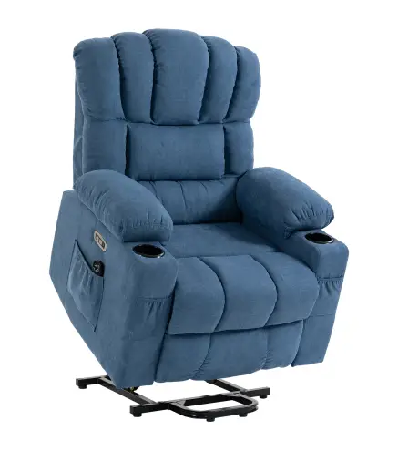 Sillón Relax Reclinable Eléctrico Levanta Personas Masaje Vibratorio y Calor Asiento Ancho USB-C USB-A Bolsillos Azul