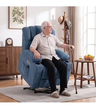 Sillón Relax Reclinable Eléctrico Levanta Personas Masaje Vibratorio y Calor Asiento Ancho USB-C USB-A Bolsillos Azul