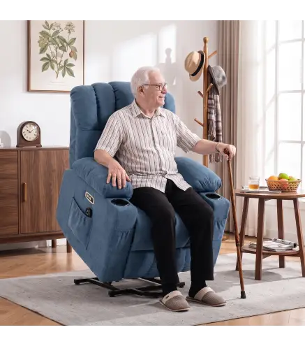 Sillón Relax Reclinable Eléctrico Levanta Personas Masaje Vibratorio y Calor Asiento Ancho USB-C USB-A Bolsillos Azul