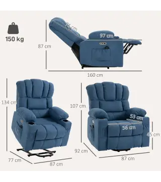 Sillón Relax Reclinable Eléctrico Levanta Personas Masaje Vibratorio y Calor Asiento Ancho USB-C USB-A Bolsillos Azul