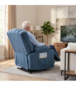 Sillón Relax Reclinable Eléctrico Levanta Personas Masaje Vibratorio y Calor Asiento Ancho USB-C USB-A Bolsillos Azul