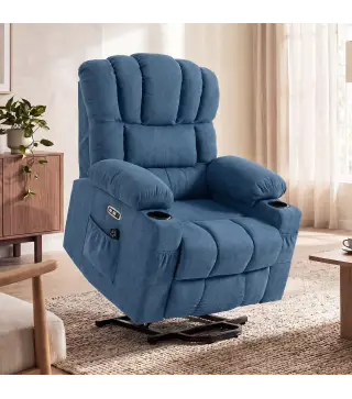 Sillón Relax Reclinable Eléctrico Levanta Personas Masaje Vibratorio y Calor Asiento Ancho USB-C USB-A Bolsillos Azul
