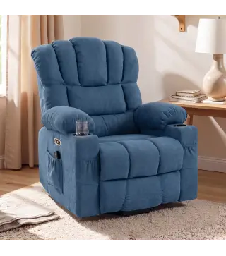 Sillón Relax Reclinable Eléctrico Levanta Personas Masaje Vibratorio y Calor Asiento Ancho USB-C USB-A Bolsillos Azul