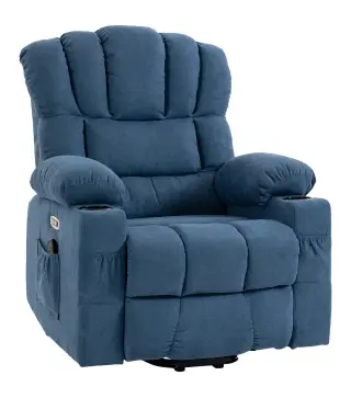 Sillón Relax Reclinable Eléctrico Levanta Personas Masaje Vibratorio y Calor Asiento Ancho USB-C USB-A Bolsillos Azul
