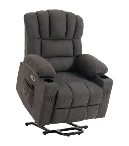 Sillón Relax Reclinable Eléctrico Levanta Personas Masaje Vibratorio y Calor Asiento Ancho USB-C USB-A Bolsillos Negro