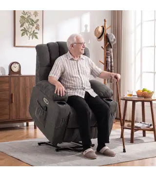 Sillón Relax Reclinable Eléctrico Levanta Personas Masaje Vibratorio y Calor Asiento Ancho USB-C USB-A Bolsillos Negro