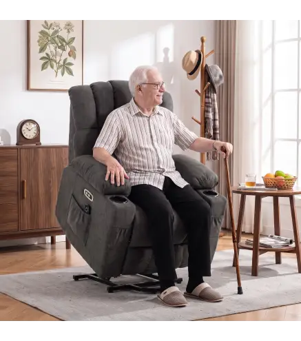 Sillón Relax Reclinable Eléctrico Levanta Personas Masaje Vibratorio y Calor Asiento Ancho USB-C USB-A Bolsillos Negro