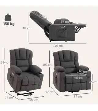 Sillón Relax Reclinable Eléctrico Levanta Personas Masaje Vibratorio y Calor Asiento Ancho USB-C USB-A Bolsillos Negro