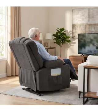 Sillón Relax Reclinable Eléctrico Levanta Personas Masaje Vibratorio y Calor Asiento Ancho USB-C USB-A Bolsillos Negro