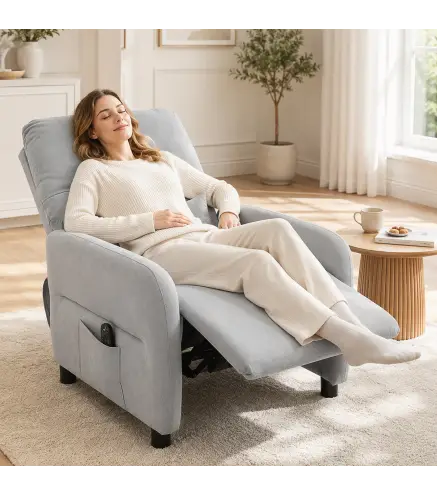 Sillón de Masaje Reclinable con Masaje Calor Lumbar Asiento con Muelles Reposapiés Cojín Lumbar Tejido Rizo Gris