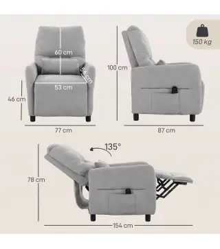 Sillón de Masaje Reclinable con Masaje Calor Lumbar Asiento con Muelles Reposapiés Cojín Lumbar Tejido Rizo Gris