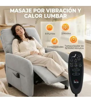 Sillón de Masaje Reclinable con Masaje Calor Lumbar Asiento con Muelles Reposapiés Cojín Lumbar Tejido Rizo Gris