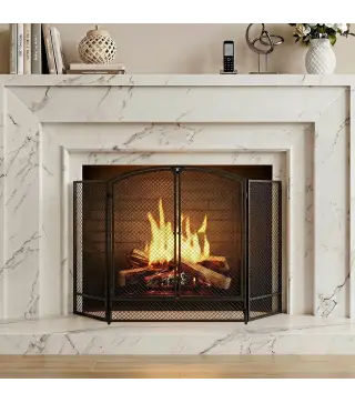Salvachispas para Chimenea Plegable de 3 Paneles de Metal con Doble Puerta para Hogar 122x75 cm Negro