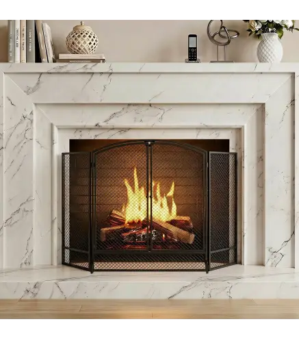 Salvachispas para Chimenea Plegable de 3 Paneles de Metal con Doble Puerta para Hogar 122x75 cm Negro