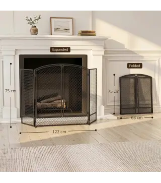 Salvachispas para Chimenea Plegable de 3 Paneles de Metal con Doble Puerta para Hogar 122x75 cm Negro