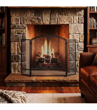 Salvachispas para Chimenea Plegable de 3 Paneles de Metal con Doble Puerta para Hogar 122x75 cm Negro