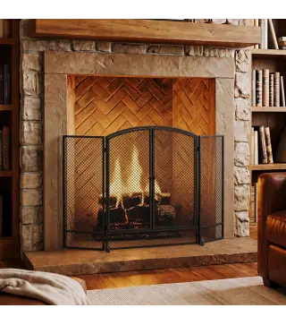 Salvachispas para Chimenea Plegable de 3 Paneles de Metal con Doble Puerta para Hogar 122x75 cm Negro
