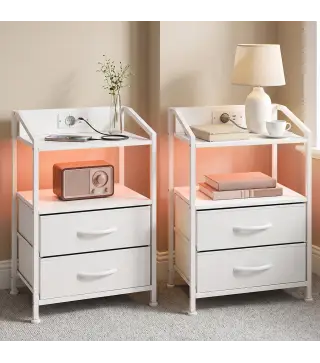 Juego de 2 Mesitas de Noche con Luces LED RGB y Estación de Carga 2 Cajones de Tela para Dormitorio 40x30x60 cm Blanco