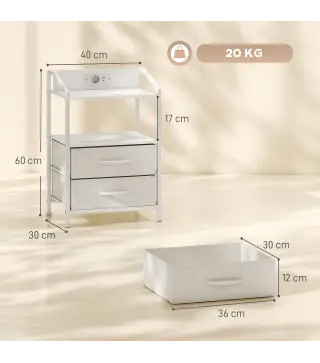 Juego de 2 Mesitas de Noche con Luces LED RGB y Estación de Carga 2 Cajones de Tela para Dormitorio 40x30x60 cm Blanco