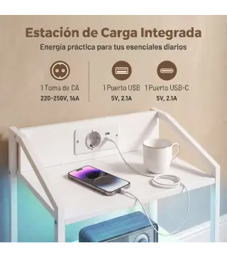 Juego de 2 Mesitas de Noche con Luces LED RGB y Estación de Carga 2 Cajones de Tela para Dormitorio 40x30x60 cm Blanco