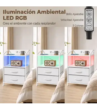 Juego de 2 Mesitas de Noche con Luces LED RGB y Estación de Carga 2 Cajones de Tela para Dormitorio 40x30x60 cm Blanco