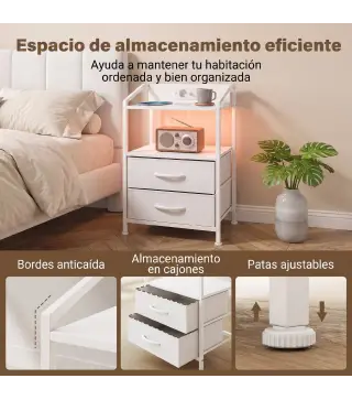 Juego de 2 Mesitas de Noche con Luces LED RGB y Estación de Carga 2 Cajones de Tela para Dormitorio 40x30x60 cm Blanco