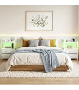 Juego de 2 Mesitas de Noche con Luces LED RGB y Estación de Carga 2 Cajones de Tela para Dormitorio 40x30x60 cm Blanco