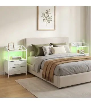 Juego de 2 Mesitas de Noche con Luces LED RGB y Estación de Carga 2 Cajones de Tela para Dormitorio 40x30x60 cm Blanco