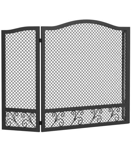 Salvachispas para Chimenea Plegable de 3 Paneles de Metal con Diseño Floral para Hogar 107x60 cm Negro