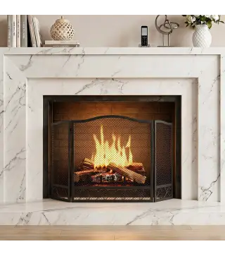 Salvachispas para Chimenea Plegable de 3 Paneles de Metal con Diseño Floral para Hogar 107x60 cm Negro