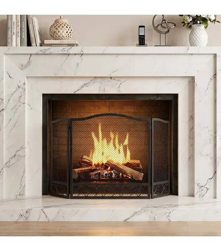 Salvachispas para Chimenea Plegable de 3 Paneles de Metal con Diseño Floral para Hogar 107x60 cm Negro