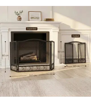 Salvachispas para Chimenea Plegable de 3 Paneles de Metal con Diseño Floral para Hogar 107x60 cm Negro