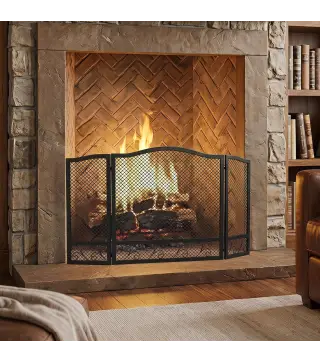 Salvachispas para Chimenea Plegable de 3 Paneles de Metal con Diseño Floral para Hogar 107x60 cm Negro