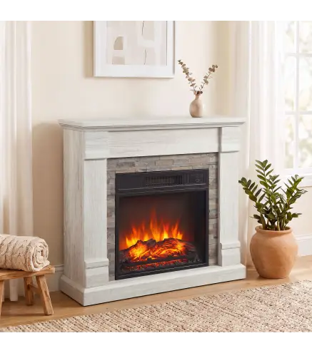 Chimenea Eléctrica Decorativa 1800W con Efecto de Llama de 3 Brillos Termostato Temporizador Mando a Distancia Natural