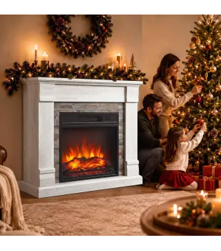 Chimenea Eléctrica Decorativa 1800W con Efecto de Llama de 3 Brillos Termostato Temporizador Mando a Distancia Natural