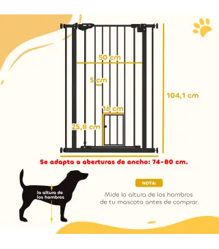Barrera de Seguridad Ajustable con Puerta Pequeña Cierre Automático y Sistema de Doble Bloqueo 74-80x104,1 cm Negro