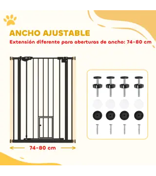 Barrera de Seguridad Ajustable con Puerta Pequeña Cierre Automático y Sistema de Doble Bloqueo 74-80x104,1 cm Negro