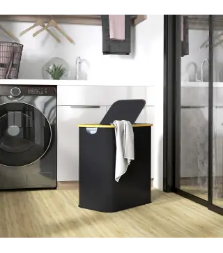 Cesto de Ropa Sucia Plegable con Tapa 80 L de Tela no Tejida 2 Compartimentos Asas 54x34x58,5 cm Negro