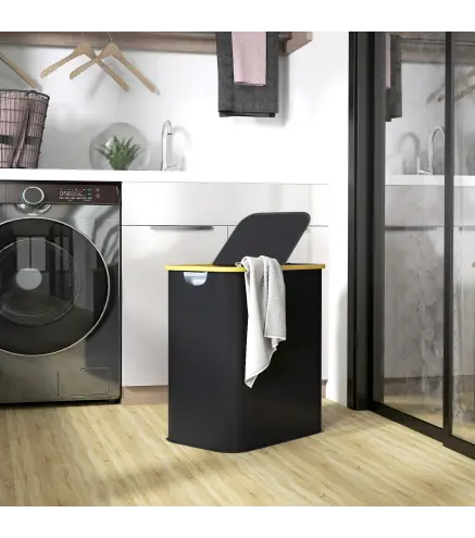 Cesto de Ropa Sucia Plegable con Tapa 80 L de Tela no Tejida 2 Compartimentos Asas 54x34x58,5 cm Negro