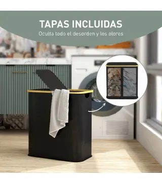 Cesto de Ropa Sucia Plegable con Tapa 80 L de Tela no Tejida 2 Compartimentos Asas 54x34x58,5 cm Negro