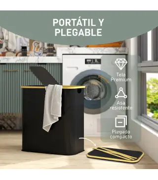 Cesto de Ropa Sucia Plegable con Tapa 80 L de Tela no Tejida 2 Compartimentos Asas 54x34x58,5 cm Negro