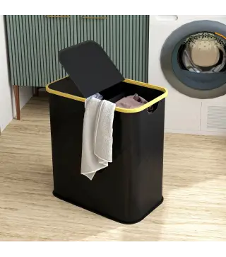Cesto de Ropa Sucia Plegable con Tapa 80 L de Tela no Tejida 2 Compartimentos Asas 54x34x58,5 cm Negro