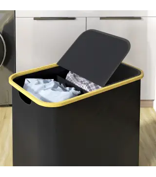 Cesto de Ropa Sucia Plegable con Tapa 80 L de Tela no Tejida 2 Compartimentos Asas 54x34x58,5 cm Negro